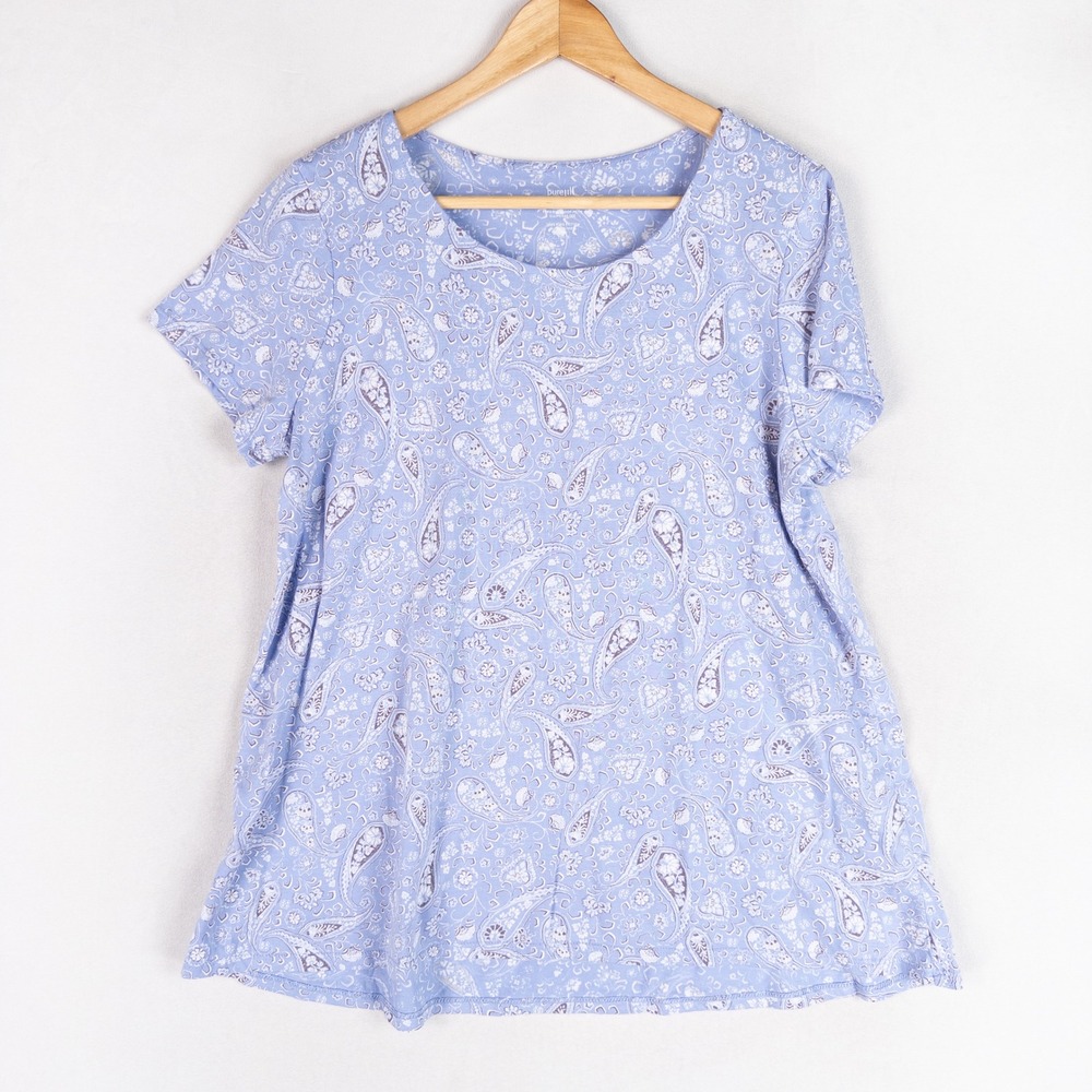 Pure Jill Scoop Neck Elliptical Tee Medium PETITE Blue Paisley Pima Cotton